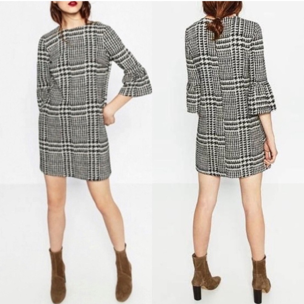 ZARA Black and White Houndstooth Shift Dress, Ruffled Bell Sleeve, Size Medium
